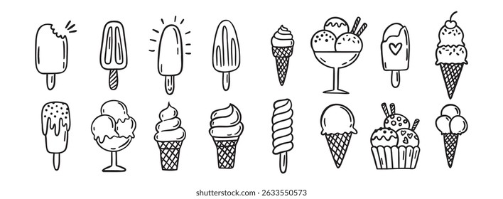 ice cream doodle hand drawn icon set. Outline drawing ice cream line clipart symbol collection. Vector illustration