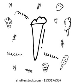 Ice cream doodle icon. Poster with ice-cream. Cute hand drawn ice cream. Vector hand drawn ice cream Illustration. Vector isolated on icecreams background. 