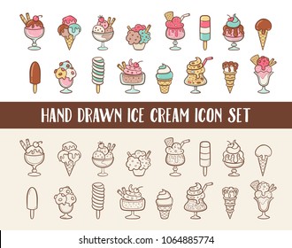 Ice cream doodle icon set. Cones and ice creams with different flavours made in cartoon style. Vector illustration.