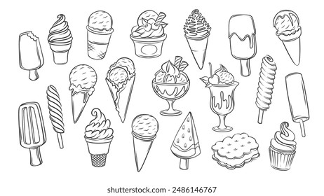 Ice cream doodle icons set. Funny retro sketches of various gelato soft scoops in waffle cup, popsicles and sundae. Summer sweet food mascot, hand drawn ice cream icons collection vector illustration