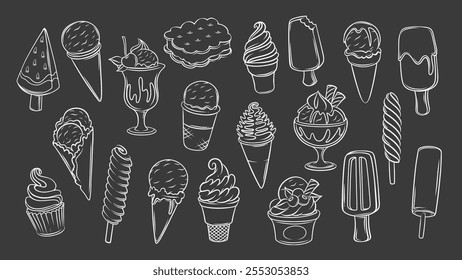 Conjunto de iconos de doodle de helado. Divertidos bocetos vintage de tiza de diferentes helados y paletas de helado en la pizarra. Mascota del menú del postre del verano, Ilustración vectorial dibujada a mano de la colección de los iconos del helado