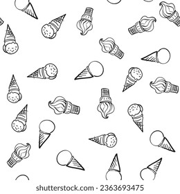 Ice Cream doodle seamless background, Repeating simple hand drawn illustration of different ice creams in waffle cone, black and white pattern