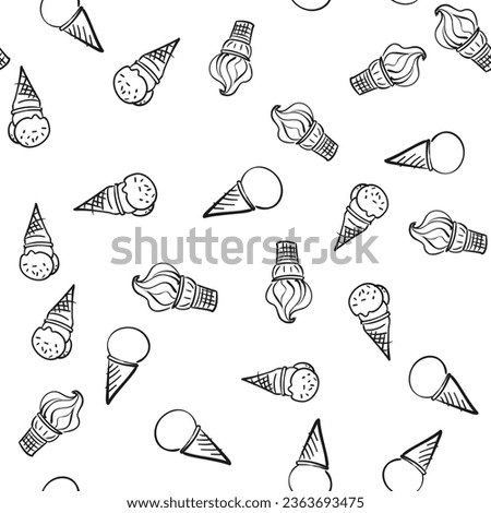 Ice Cream doodle seamless background, Repeating simple hand drawn illustration of different ice creams in waffle cone, black and white pattern