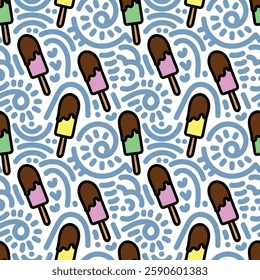 Ice cream with doodle seamless pattern. Simple ice cream colorful seamless pattern design.