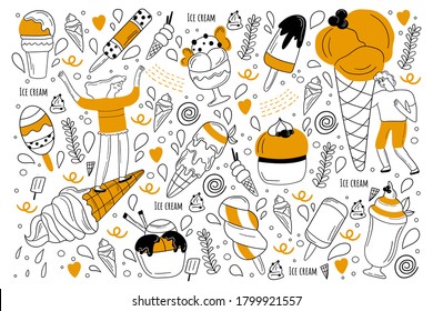 Ice cream doodle set. Collection of hand drawn sketches templates of sundae balls and waffle cone or junk food licking. Unhealthy nutrition or summer meal illustration.