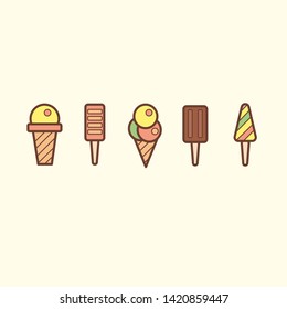 Ice cream doodle set with different types: ice cream waffle cone, cup ice cream, popsicle, sundae. Sketch style Hand drawn vector illustration for cafe menu, card, birthday card decoration.
