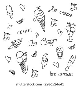Ice cream doodle set. Hand drawn different types of ice creams. Line art. Summer concepts. Deserts. Vector illustration.