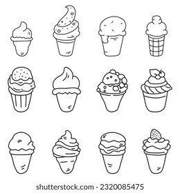 Conjunto de doodles de helado, ilustración vectorial de línea simple dibujada a mano.