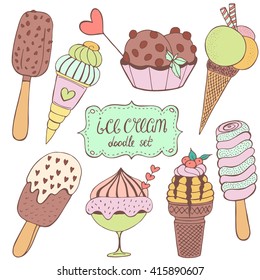 Ice cream doodle set. Vector sketch illustration. Collection of doodle elements day, birthday. Sweet dessert menu.