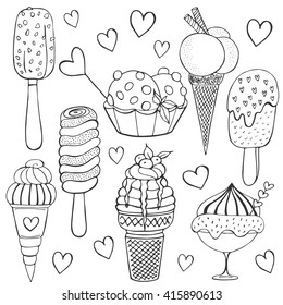 Ice cream doodle set. Vector sketch illustration. Collection of   doodle elements for valentine's day, birthday. Sweet dessert menu.