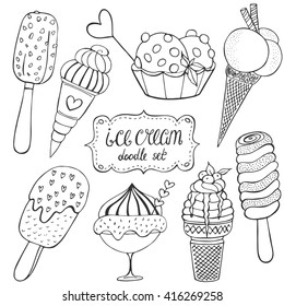 Ice cream doodle set. Vector sketch illustration. Collection of   doodle elements for valentine's day, birthday. Sweet dessert menu.