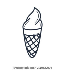 Ice cream doodle style. Sweet summer creamy treat. Ice cream cone hand drawn icon or logo. Waffle cone with cream isolated vector illustration