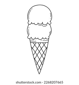 Ice cream in doodle style. Vector illustration. Linear style. Cold ice cream. Summer dessert.