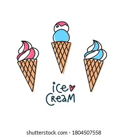 Ice cream doodle vector art with hand-drawn lettering. Minimalist drawing of summer dessert set. Isolated design element for card, sticker, web banner or print.