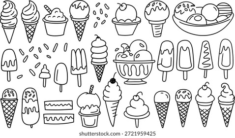 Ice Cream Doodle Vektorgrafik-Set, Zapfen, Eis, Sonnen, Dessert-Illustration