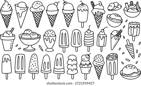 Sorvete Doodle Conjunto Vetor, Cones, Picolés, Sundaes, Sobremesa Ilustração