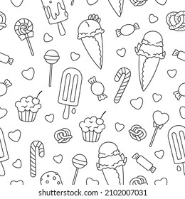 Ice cream doodle wallpaper. Seamless pattern outline ice creams vanilla fruit, berry ice lolly, cupcake, pretzel. Contour summer sweet food repeat paper size. Scrapbook dessert endless ornament vector