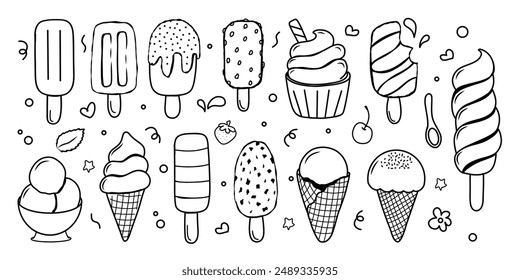 Ice Cream Doodles Set hand drawn different type. Vector line art collection isolated on white background. Sketch for greeting card decoration, invitation, cafe, menu, card.