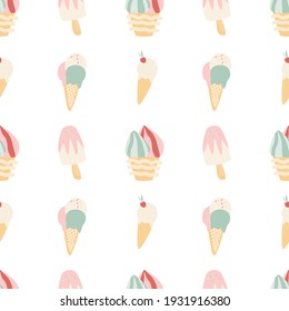 Ice Cream Drawing. A Set Of Different Types Of Ice Cream. Seamless Background. Vector.