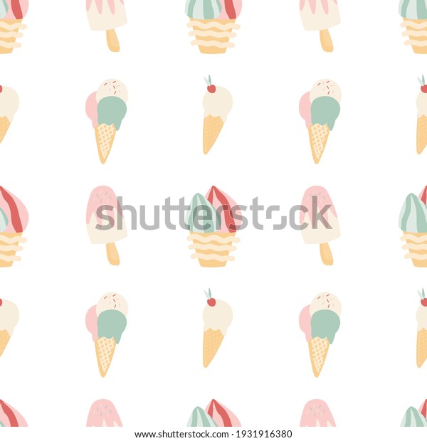 Ice cream drawing. A set of different\
types of ice cream. Seamless background.\
Vector.