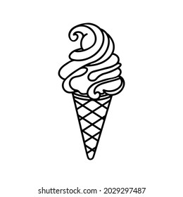 Ice cream drawing. Soft ice cream in a cone-shaped waffle cup. Black and white colors.