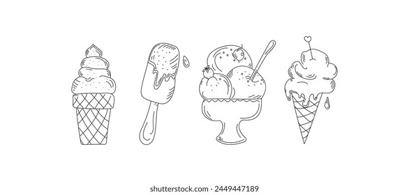 Ice cream drawings. Set of hand drawn linear icons. Ice cream, popsicle, ice. Vector illustration, background isolated on white.