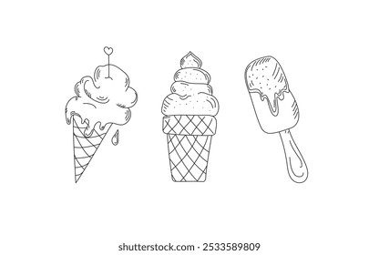 Ice cream drawings. Set of hand drawn linear icons. Ice cream, popsicle, ice. National Ice Cream Day. Vector illustration, background isolated on white.