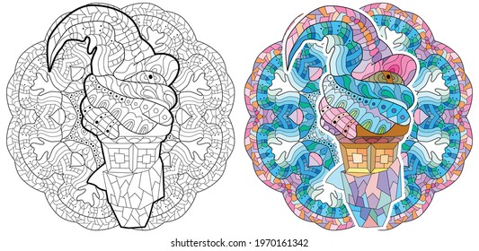 Ice cream are drawn in black and white outline for coloring page with mandala. Color and outline set