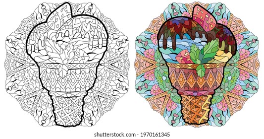 Ice cream are drawn in black and white outline for coloring page with mandala. Color and outline set