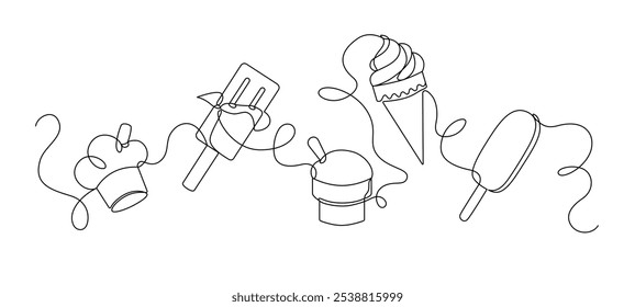 Ice cream drawn with one continuous line in minimalism, sweet snack, treat, flat design. Editable vector outline.