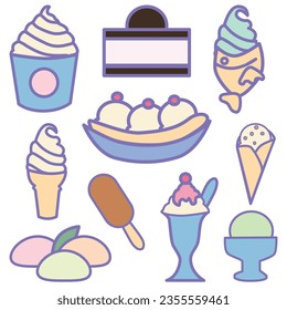 Ice Cream And Drink Cute Flat Line Illustration