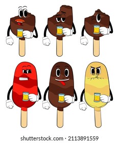 Ice Cream drinking beer. Summer refreshment, sweet food as a cartoon character with face.