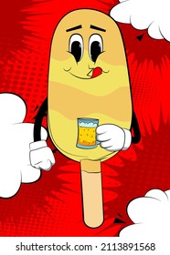 Ice Cream drinking beer. Summer refreshment, sweet food as a cartoon character with face.