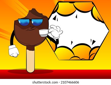 Ice Cream drinking coffee. Summer refreshment, sweet food as a cartoon character with face. Taking a break, relaxing.