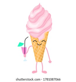 Ice Cream drinks a cocktail. Summer cartoon vector illustration isolated on white background.