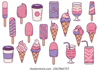 Helados y bebidas en dibujos animados. Las ilustraciones muestran varios cono de helado y sundaes, perfectos para crear visualmente atractivos visuales en color violeta. Ilustración vectorial.