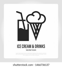 Ice cream and drinks sign for cafe or restaurant. Dessert and beverage with straw. Vector illustration.