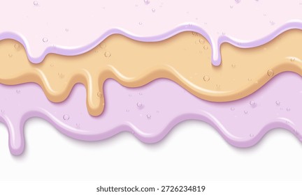 Borde de goteo de helado aislado sobre fondo blanco. Vector ilustración realista de la textura del postre de leche derretida, salpicaduras de pintura pastel, patrón sin fisuras con vertido de sustancia líquida, glaseado dulce