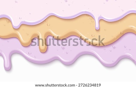 Ice cream drip border isolated on white background. Vector realistic illustration of melting milk dessert texture, pastel paint splash, seamless pattern with liquid substance pouring, sweet glaze