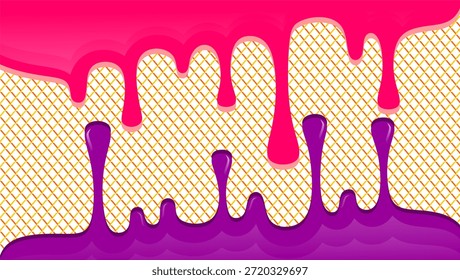 Goteo de helado sobre fondo de gofre.
Ilustración de goteo de helado ondulado.
Diseño plano de helado dulce. Ilustración de postre de helado.