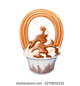 Helado con goteo de salsa de chocolate e ilustraciones vectoriales de churro. Copa aislada de caricatura con postre suave de verano y vara de churro, vainilla sundae con bizcocho crujiente y decoración de azúcar en polvo