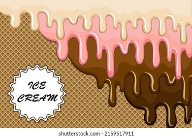 Ice cream drips on waffle background.Vector illustration with colorful drips of ice cream and chocolate on a waffle background.