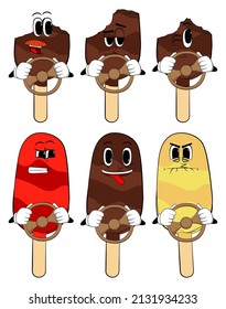 Ice Cream driving, holding a steering wheel. Summer refreshment, sweet food as a cartoon character with face.