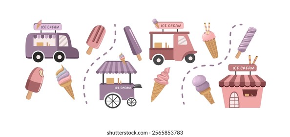 Ice cream element. Food truck. Ice cream store. Ice cream cone. Dessert food. Gelato.