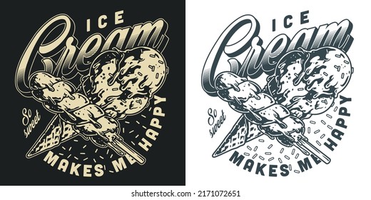 Ice cream element monochrome vintage refreshing sweet dessert for summer holidays and slogan makes me happy vector illustration
