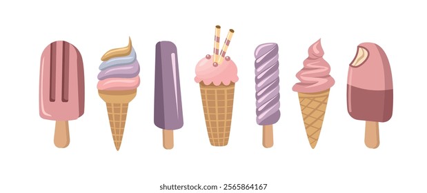 Ice cream element. Set of ice cream. Ice cream with different toping. Ice cream with different flavor.