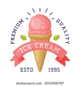 Ice Cream Emblem and Badge with Ribbon and Frozen Dessert Vector Template