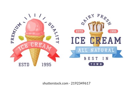 Ice Cream Emblem and Badge with Ribbon and Frozen Dessert Vector Template Set