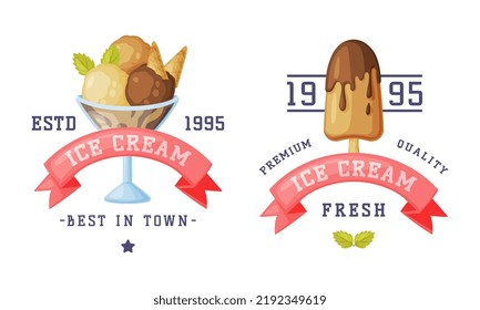 Ice Cream Emblem and Badge with Ribbon and Frozen Dessert Vector Template Set