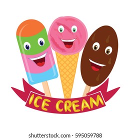 Ice cream emblem. Card design with ice cream with funny faces.